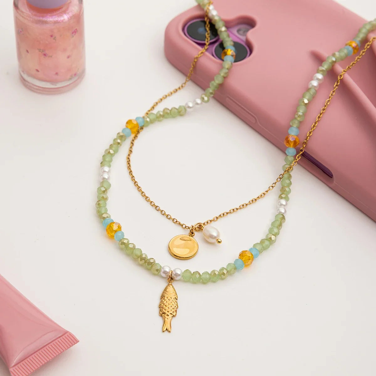 Zora Y2K Trendy 18K Gold Color Plated Sun Cross Fish Moon Pendant Multi Layer Necklace Waterproof Stainless Steel Women Jewelry