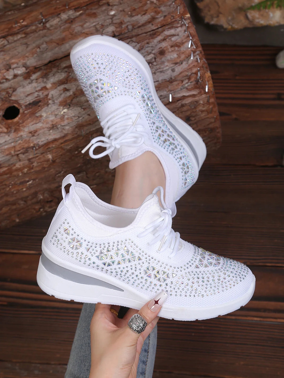 Women's Rhinestone Embellished Knit Mesh Wedge Sneakers, Adjustable Lace-Up Closure, Daily Walking Casual Footwear