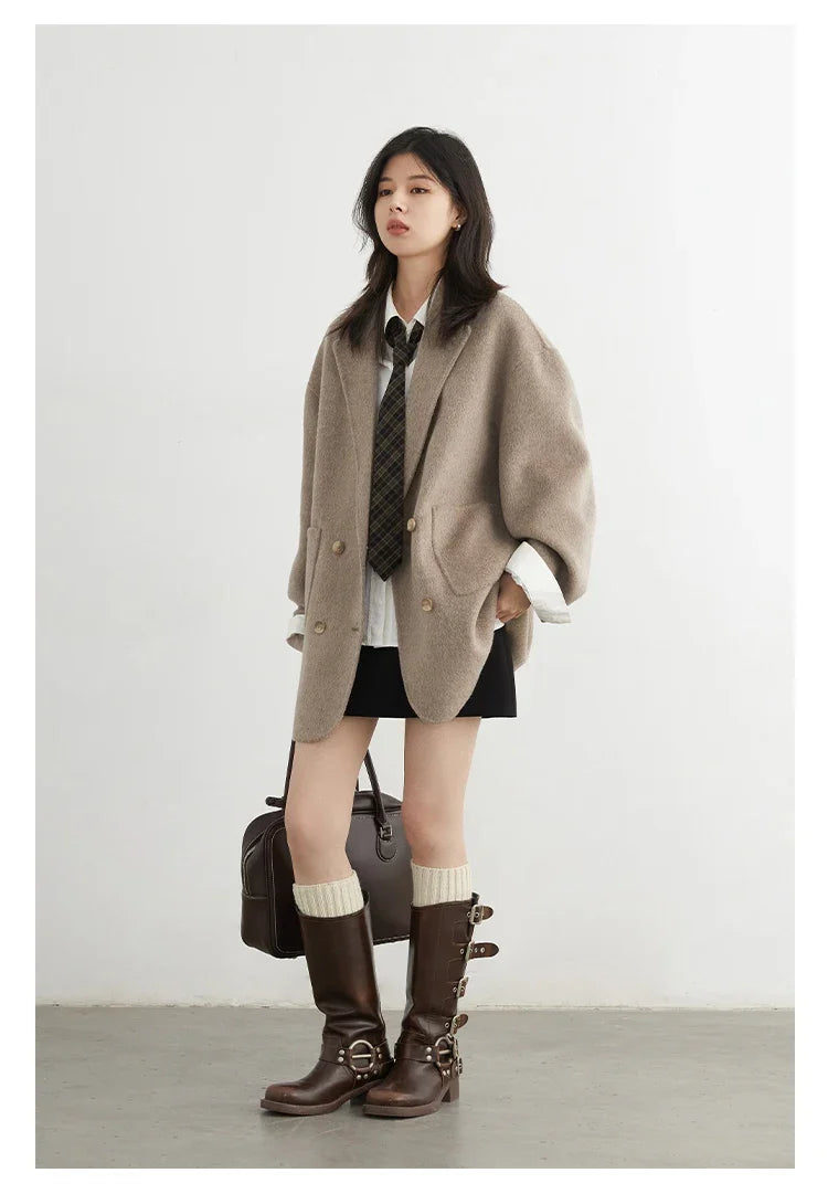 CHIC VEN New Women Woolen Coat Loose Solid Mid-length Double-sided Oversized Office Ladies Jackets Outerwear Autumn Winter 2026