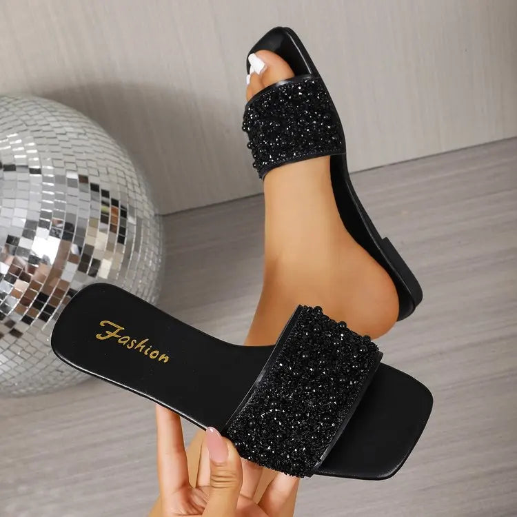 Women's Black Beaded Flat Slide Sandals 2026 Summer Square Toe Slip On Slippers Plus Size 43 Party Dress Shoes