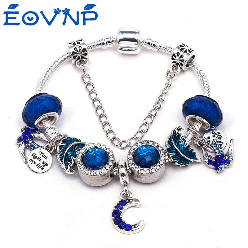 Fashion Silver Plated Shiny Blue Crystal Bead Pendant DIY Charm Bracelets Bangles For Women Girlfriend Jewelry Dropshipping