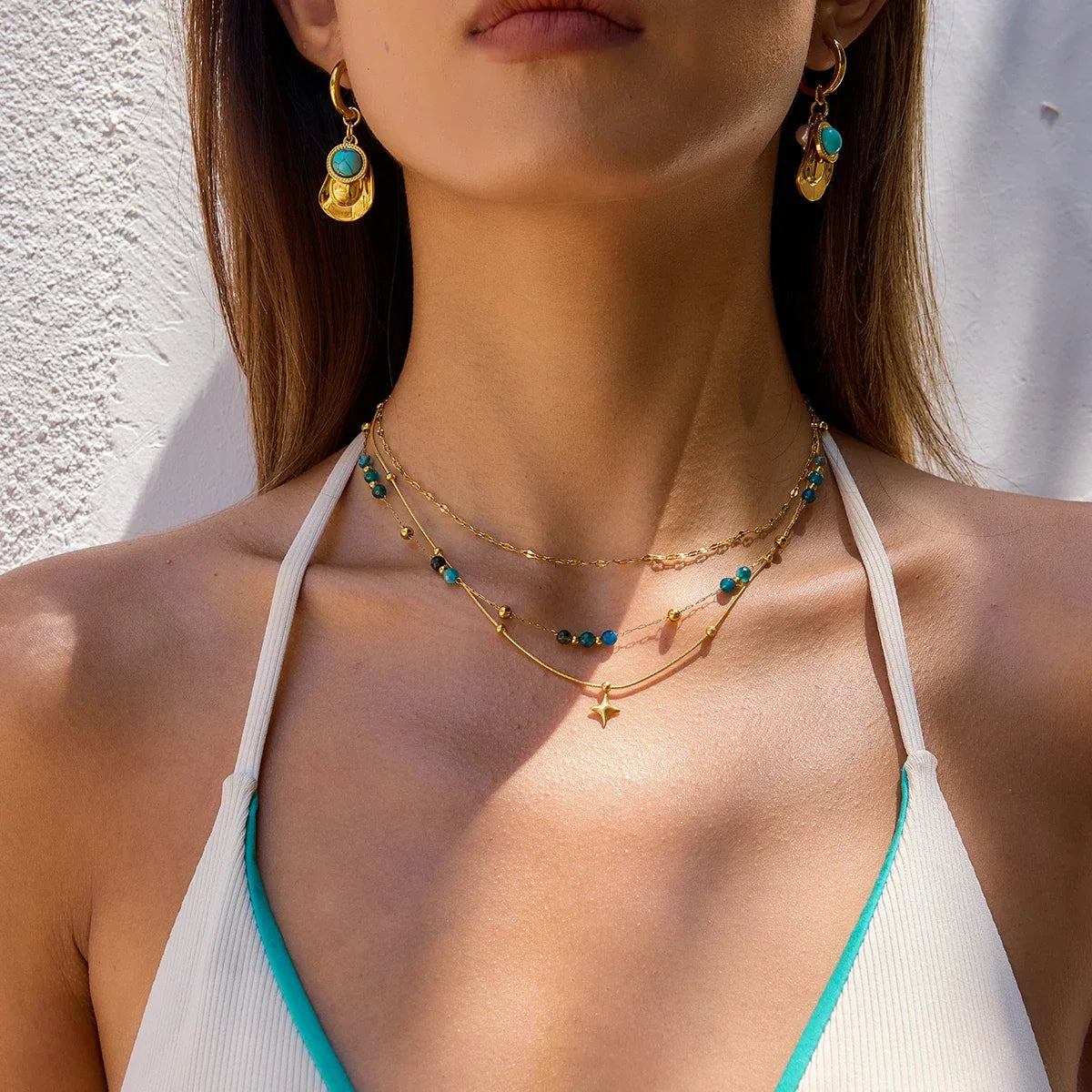 Zora Y2K Trendy 18K Gold Color Plated Sun Cross Fish Moon Pendant Multi Layer Necklace Waterproof Stainless Steel Women Jewelry