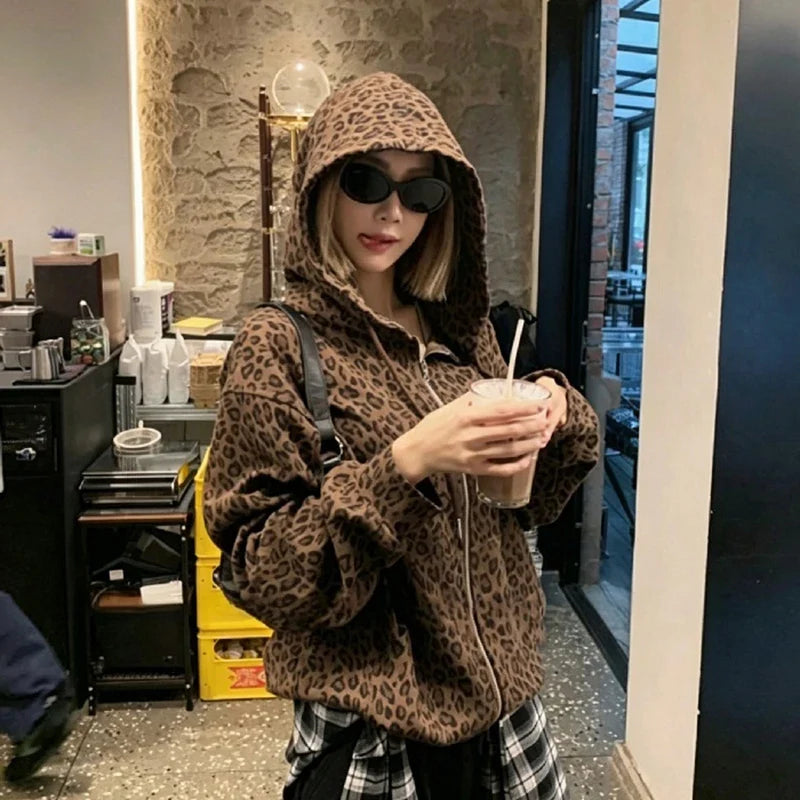Y2K Leopard Print Hooded Jacket Women Full Zip Drawstring Hood Long Sleeve Loose Fit Streetwear Street Club Ladies Outerwear