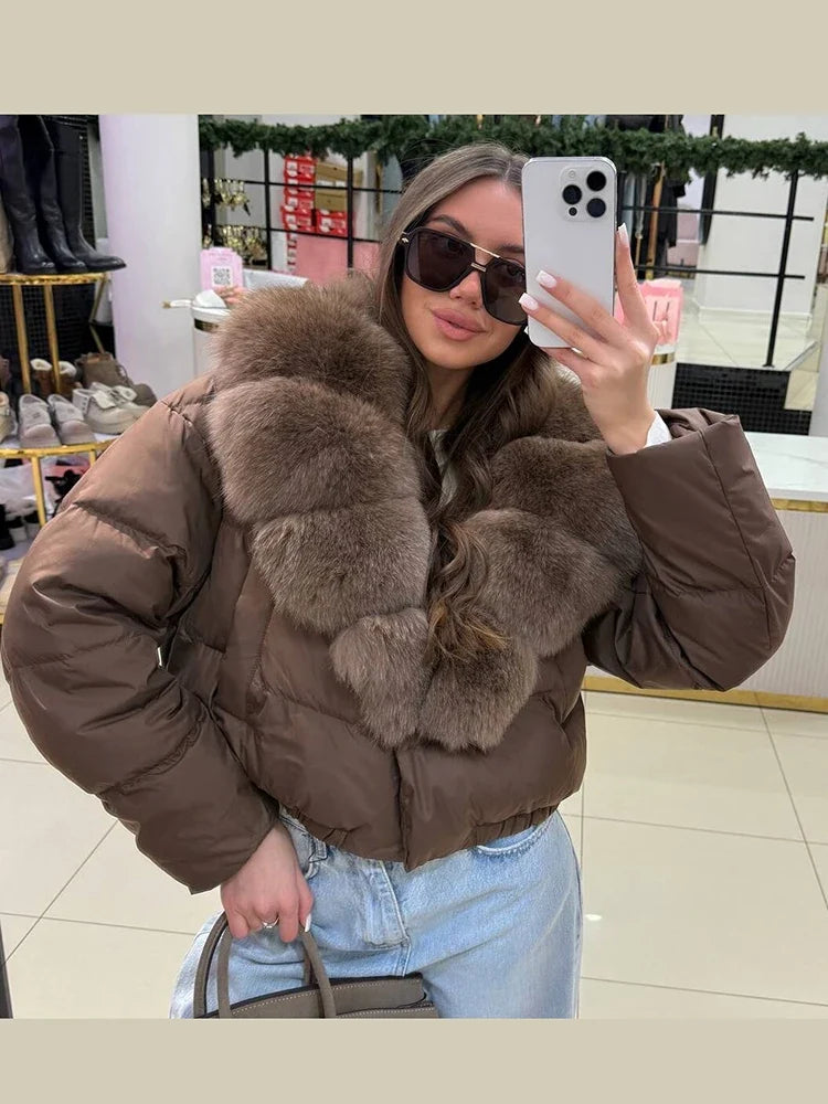 Luxury Thick Faux Fox Fur Collar Cropped Puffer Coat Women Oversized Lapel Zip Up Short Warm Windproof Winter Outerwear Jacket