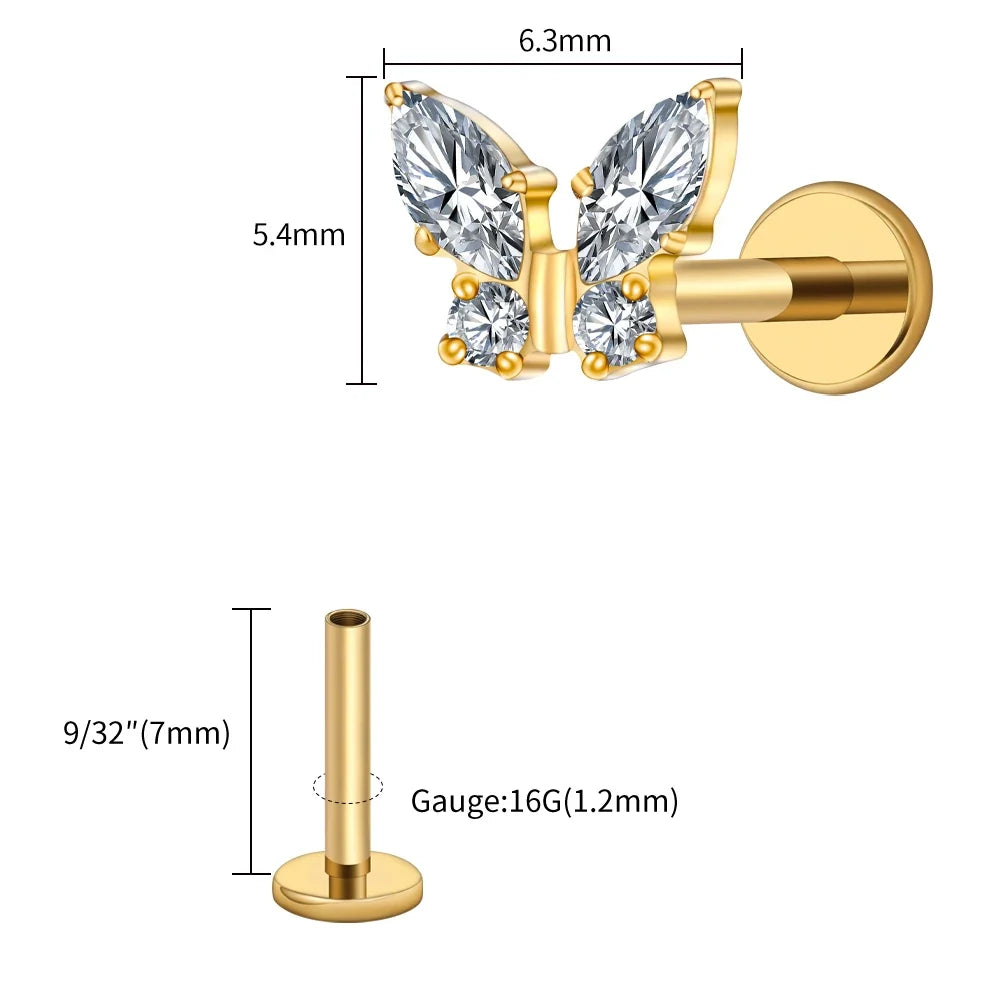 Right Grand ASTM F136 Titanium 16G Mini Butterfly CZ Labret Tragus Cartilage Conch Forward Helix Stud Nose Piercing Body Jewelry