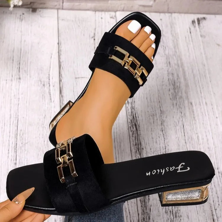 Women's Spring and Summer Casual Sandals, Bohemian Buckle Metal Buckle Fashionable Unisex Sandals, Beach Shoes, Versatile Kitten Heel Sandals, Vacation, Parties, Daily Work Clothing