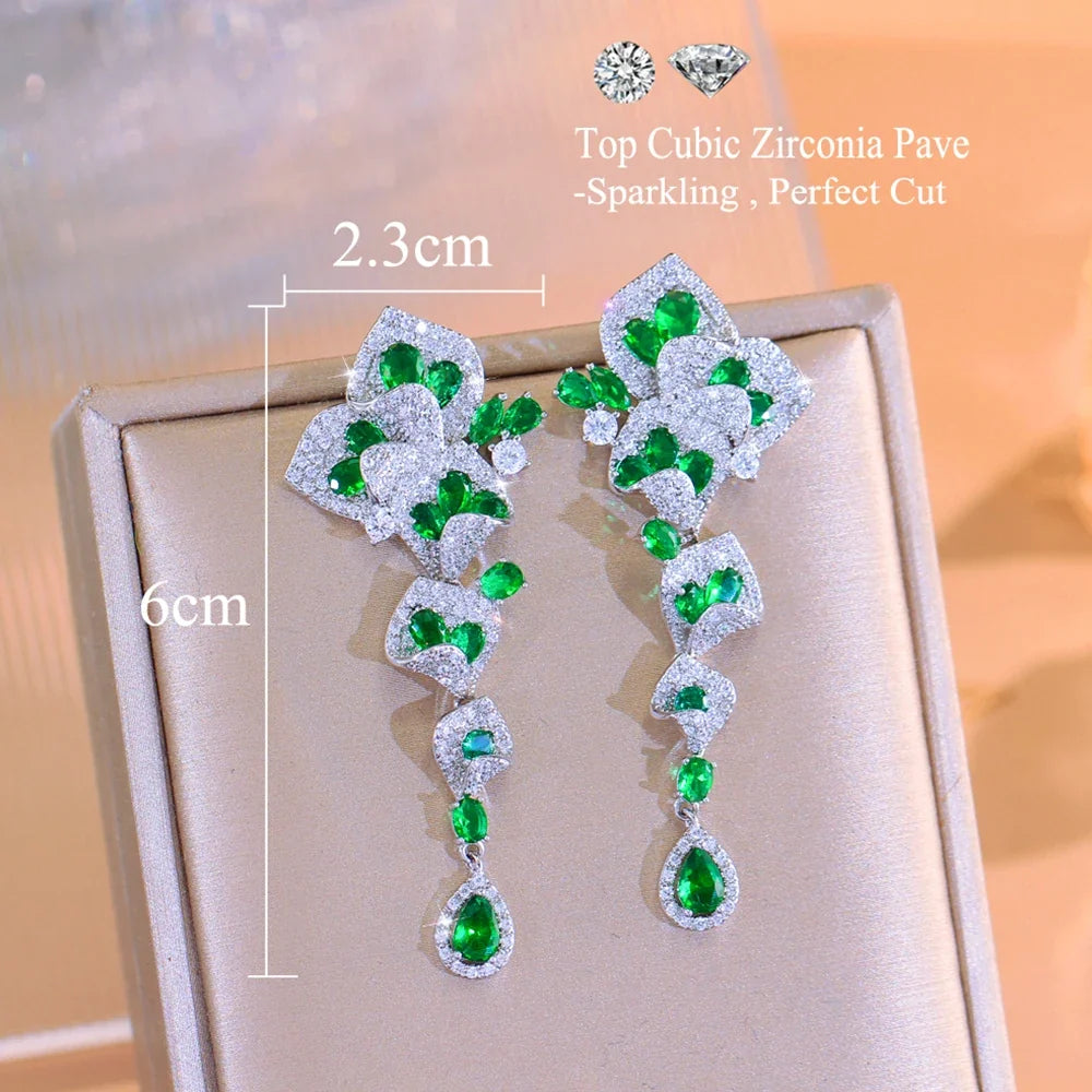 CWWZircons Elegant Green CZ Crystal Flower Water Drop Long Dangle Earrings for Women Beautiful Wedding Party Jewelry Gifts E1159