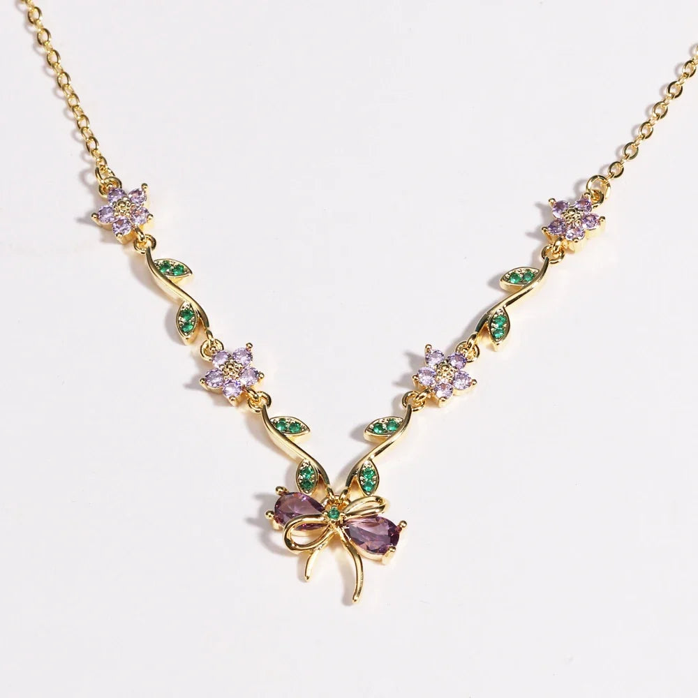Summer New Fashion Exquisite Bow Leaf Flower Necklace For Women's Elegant Pink Zircon Chain Pendant Jewelry Gifts