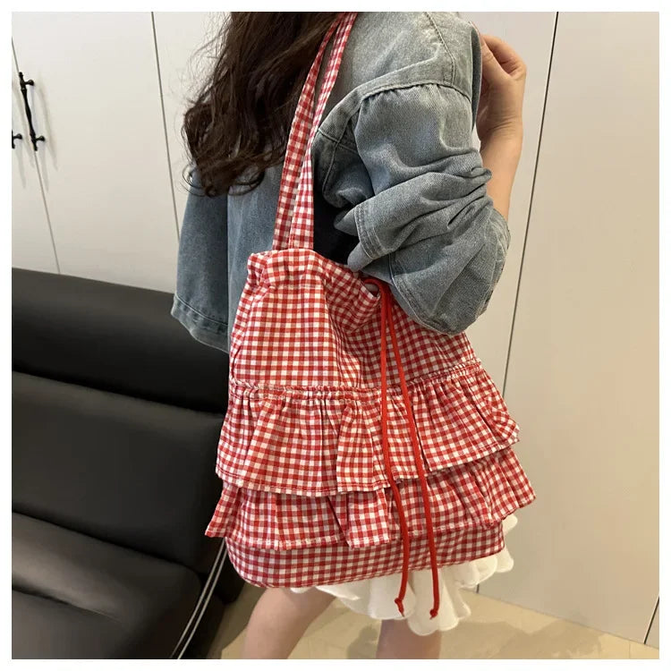 Large Capaci Cute Plaid Cotton Tote Bag  Lace Trim Women's Summer 2025 Simple Lady Handbag Soft Shoulder Bags Bolsa Feminina