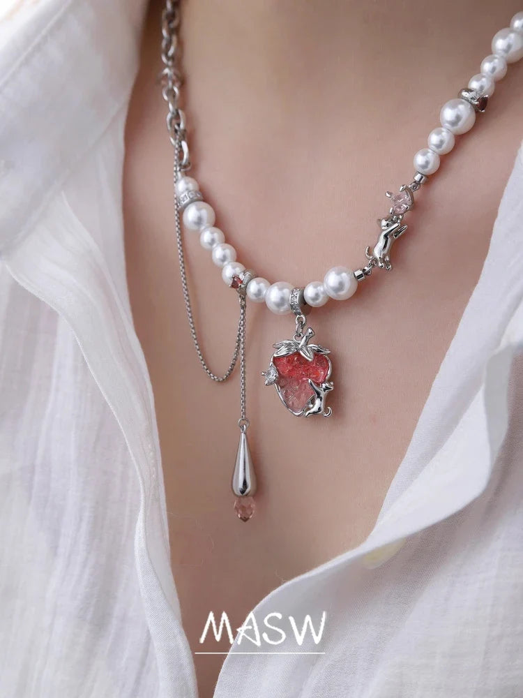 MASW Original Design Elegant Temperament Pink Strawberry Pendant Necklace For Women Wedding Gifts Modern Jewelry Accessories