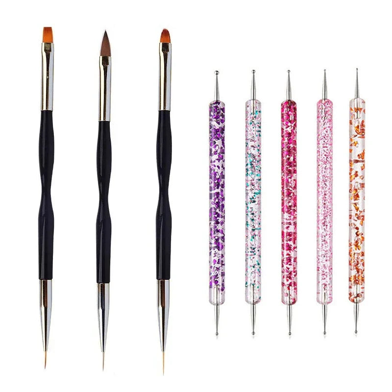 5/20Pcs Nail Art Brush Design Tip Painting Drawing Carving Dotting Pen FlatFan Liner Acrylic Gel UV Polish Manicure Tools