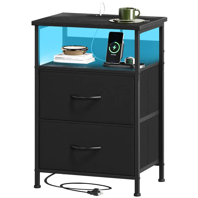 bedside table, chest cabinet, dresser, two drawers with cloth drawers, storage cabinet