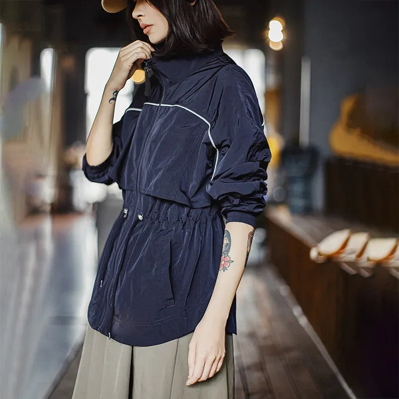 Maden Women's Lightweight Stand Collar Short Windbreaker Jacket Navy Blue Contrast Parka with Waist Cinching for Spring and Fall