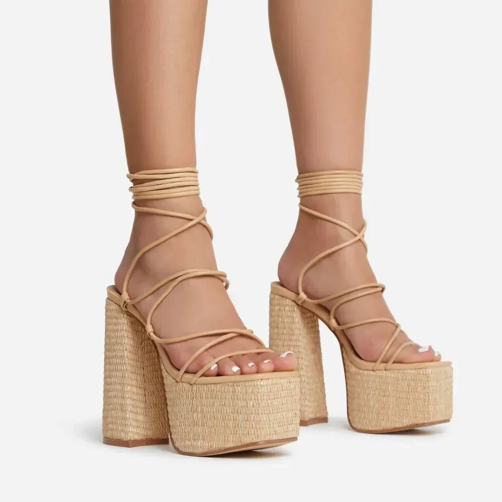 Woven Platform Lace Up Strappy Sandals Block Heel Open Toe Solid Color Sexy Roman Style Women Shoes Summer 2026 New Arrivals