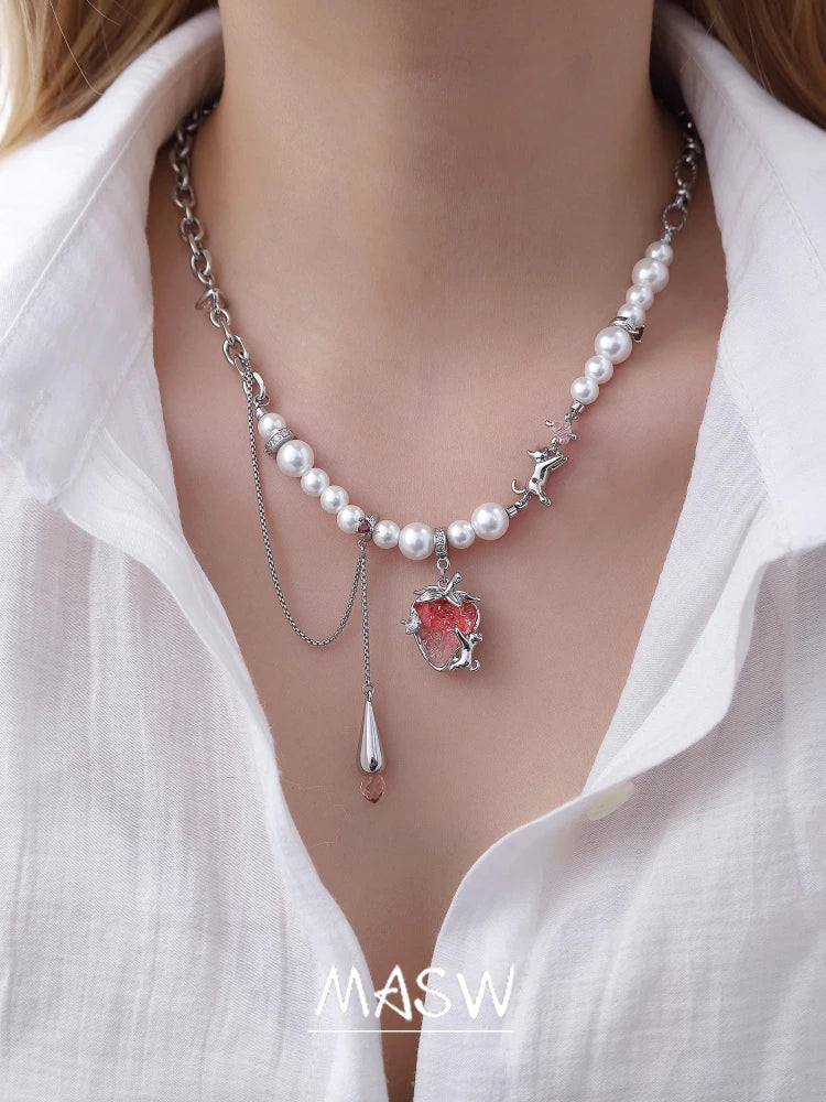 MASW Original Design Elegant Temperament Pink Strawberry Pendant Necklace For Women Wedding Gifts Modern Jewelry Accessories