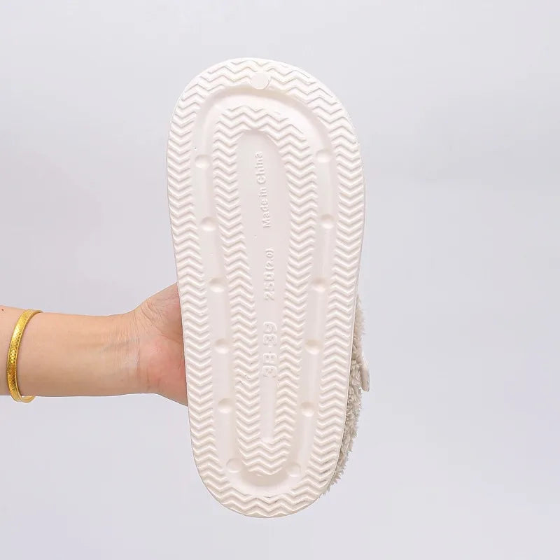 Waterproof Eva Furry Mules Slippers Women 2025 Winter Metal Buckle Warm Plush Slippers Soft Thick Bottom Non Slip Indoor Slides