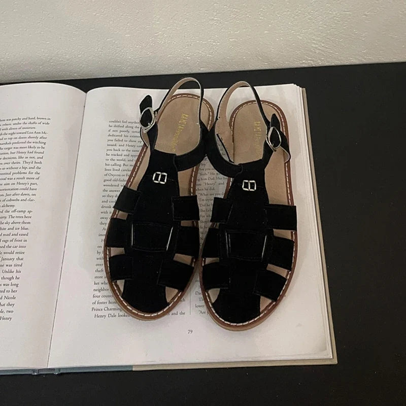 DIMANYU Women's Roman Sandals 2026 Summer New Flat Retro Real Leather Ladies Sandals Hollowed Women's Cage Shoes