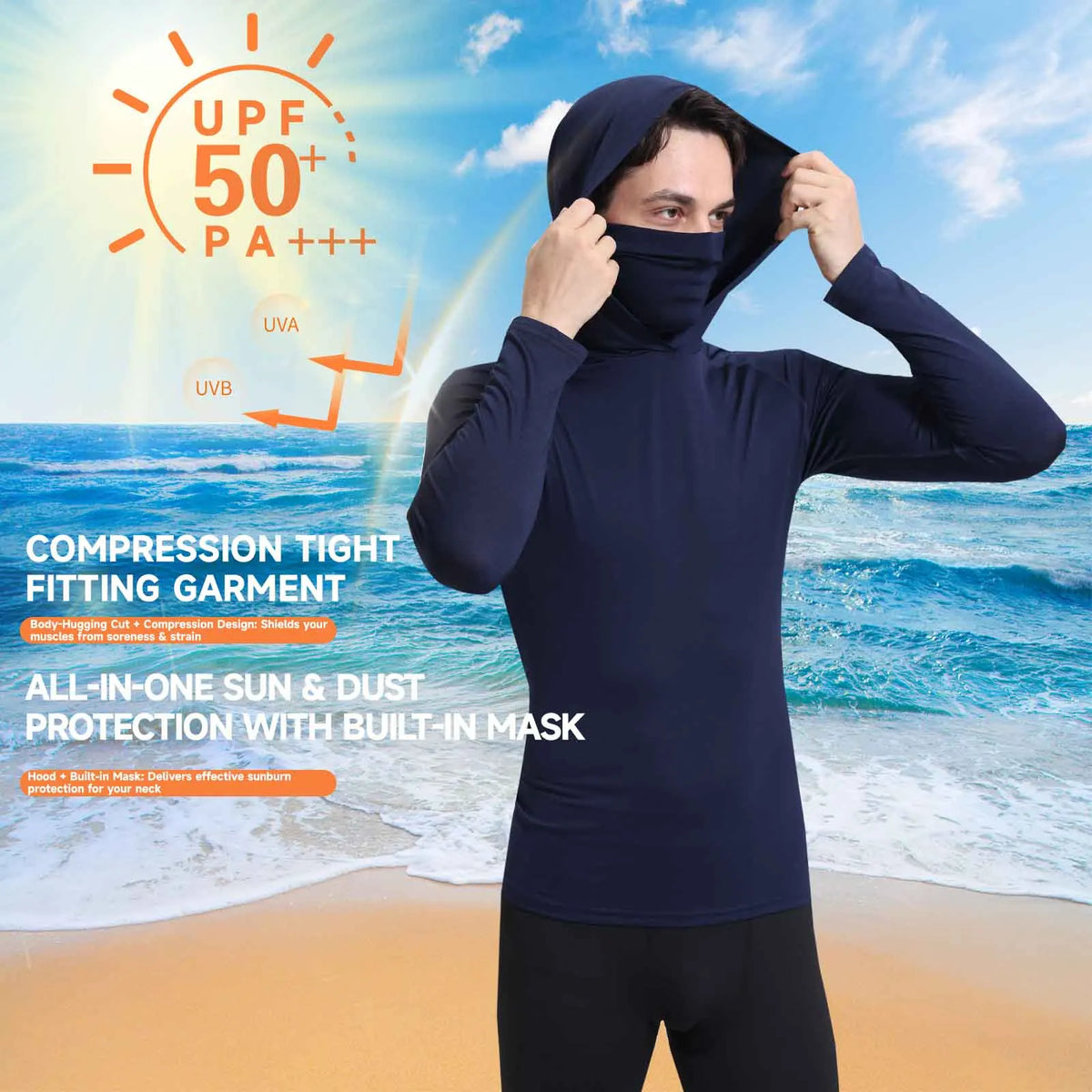 Men's Athletic Hoodie Long Sleeve Fishing Shirts, Upf 50+ Uv Sun Protection, Fitted High Stretch, Built-In Face Mask