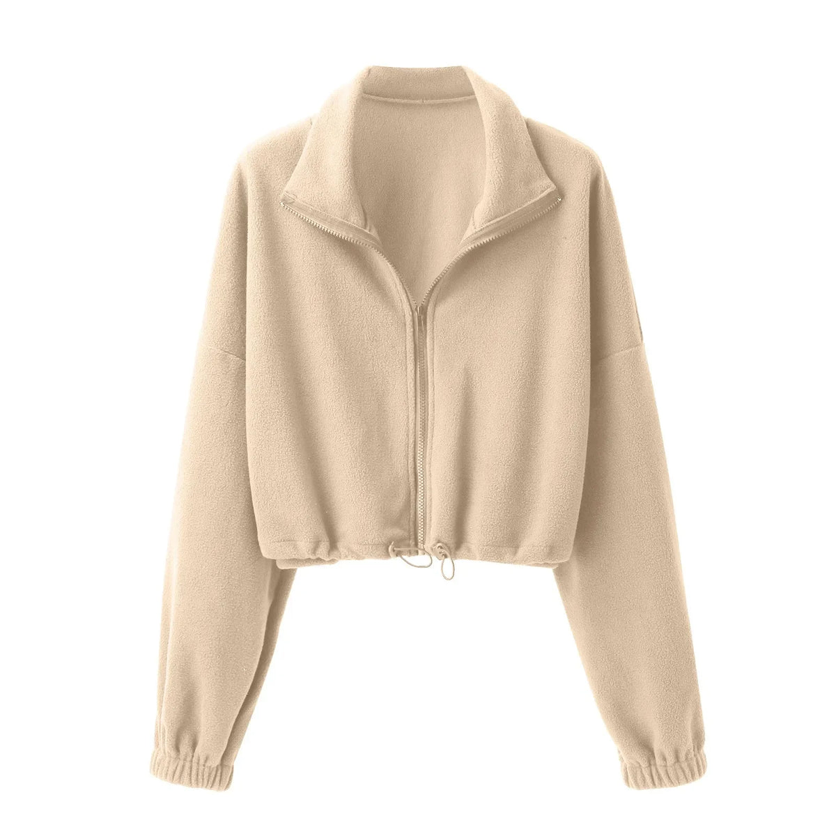 Women Autumn Stand Collar Fleece Jacket Zip Up Cropped Coat Solid Sweatshirt Top Drawstring Fashion Casual Outerwear Sportswear
