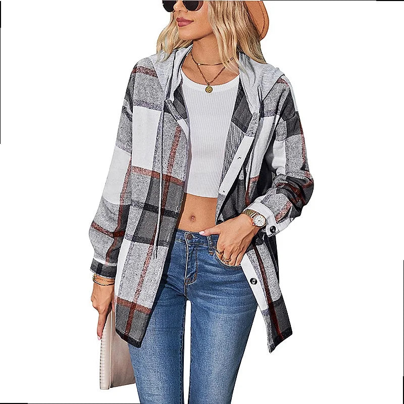 Women Hooded Plaid Wool Coat Blouse Top Spring Summer Fashion Outerwear