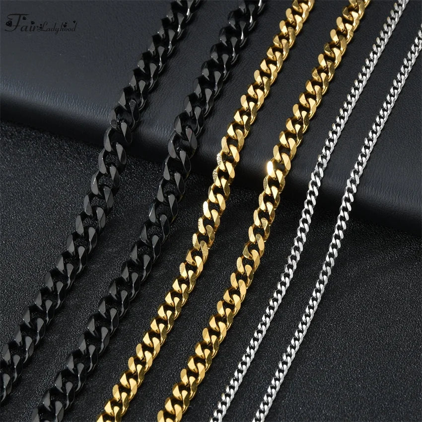 1 piece Size 3.6mm-9mm Men's Necklace Stainless Steel Cuban Link Chain Bracelet Necklace Steel Color Male Jewelry