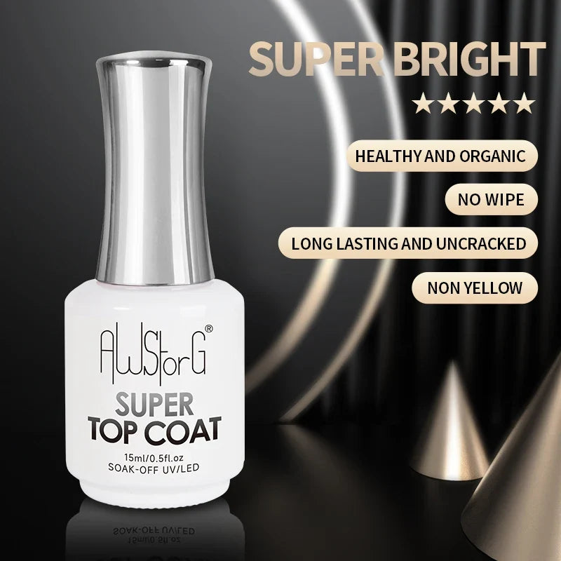 AWStorG 15ML Super Top Coat Nail Art Gel Varnish Semi Permanent Soak Off No Wipe UV Gel Varnish Shining Clear Top Coat