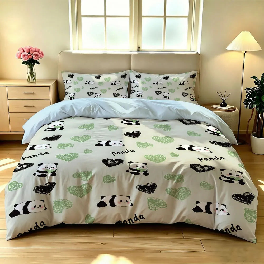 3pcs Cartoon Panda Print Coreless Duvet Cover Cool Summer Lightweight Bedding Set Multi Size Bedroom Bedding Decoration
