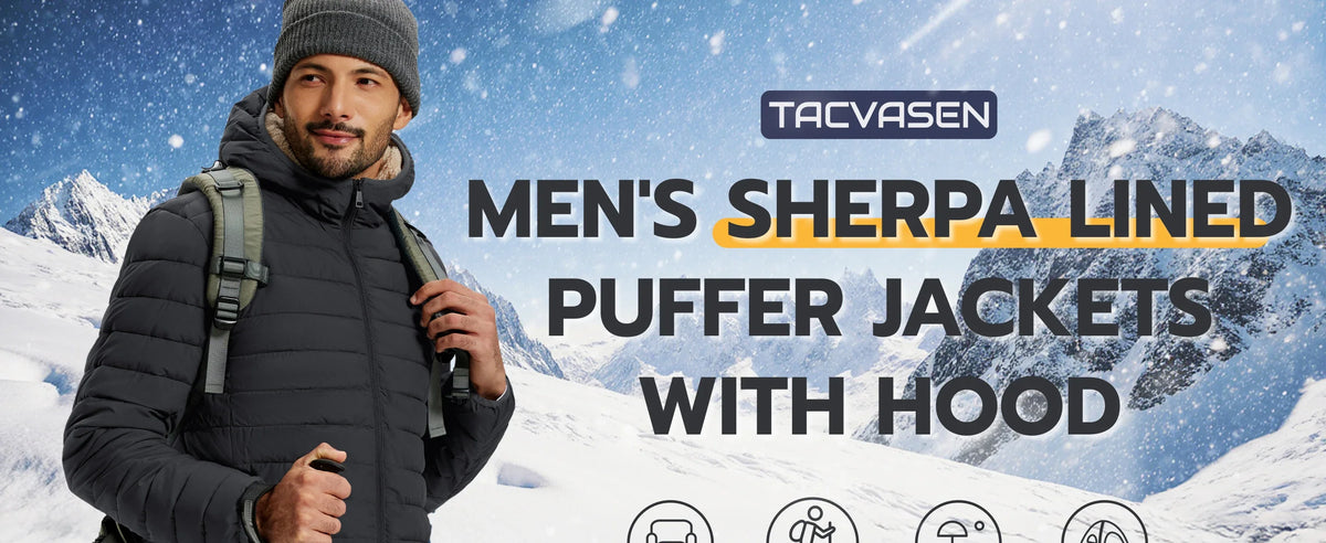 TACVASEN Men's Puffer Jacket Winter Warm Hooded Sherpa Lined Water Resistant Windproof Insulated Jacket Warm Winter Puffy Coat