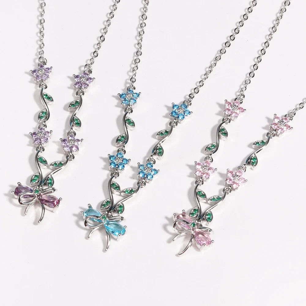Summer New Fashion Exquisite Bow Leaf Flower Necklace For Women's Elegant Pink Zircon Chain Pendant Jewelry Gifts