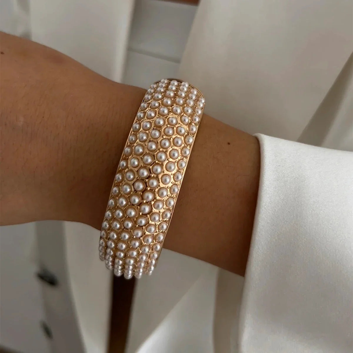 SHIXIN Design Geometric Water Drop Gold Color Wide Spring Bangles for Women Elegant Imitation Pearl Cuff Bracelets New Jewelry