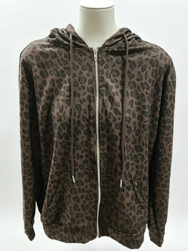 Y2K Leopard Print Hooded Jacket Women Full Zip Drawstring Hood Long Sleeve Loose Fit Streetwear Street Club Ladies Outerwear