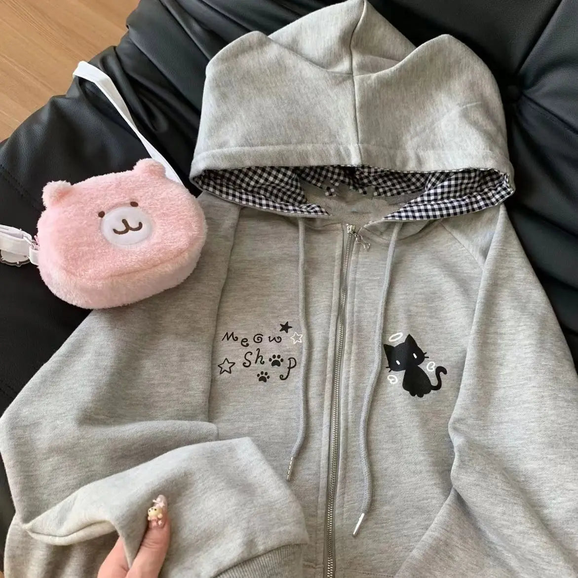 Zipper Hoodie Gothic Cartoon Kawaii Cat Ear Y2k Jacket Zip Up Thin Coat Spring Autumn Cute Core 2000s Clothes Fall Sweatshirts