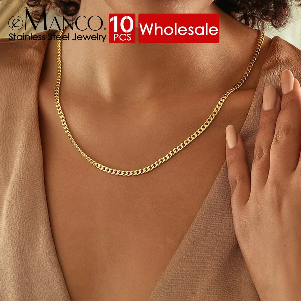 EMANCO 10PCS Men's Cuban Link Chain Necklace Stainless Steel Women Trendy Punk Jewelry 2MM/3MM/4MM/6MM/8MM Wholesale