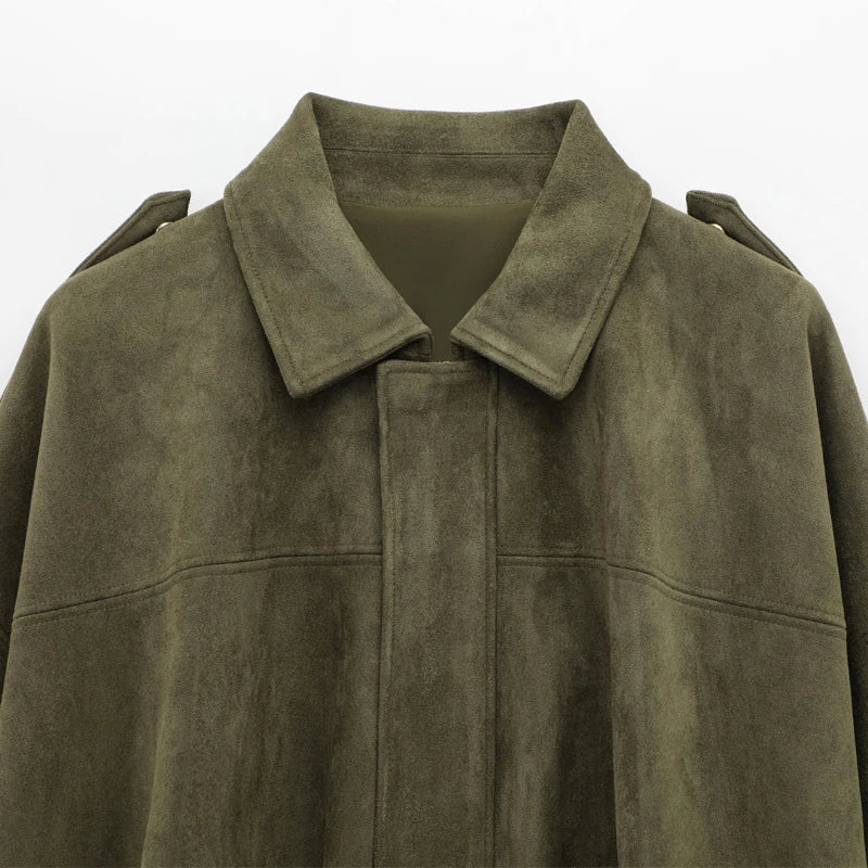 HXAO Women's Bomber Jacket Lapel Long Sleeve Zipper Suede Jacket Women 2025 High Street Cropped Racing Jackets Coats Outerwears