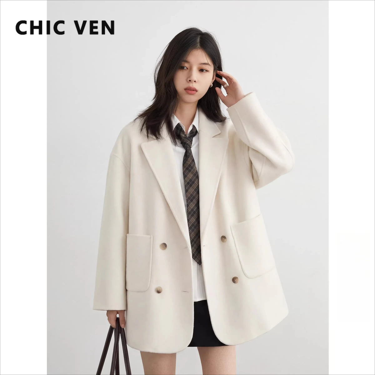 CHIC VEN New Women Woolen Coat Loose Solid Mid-length Double-sided Oversized Office Ladies Jackets Outerwear Autumn Winter 2026
