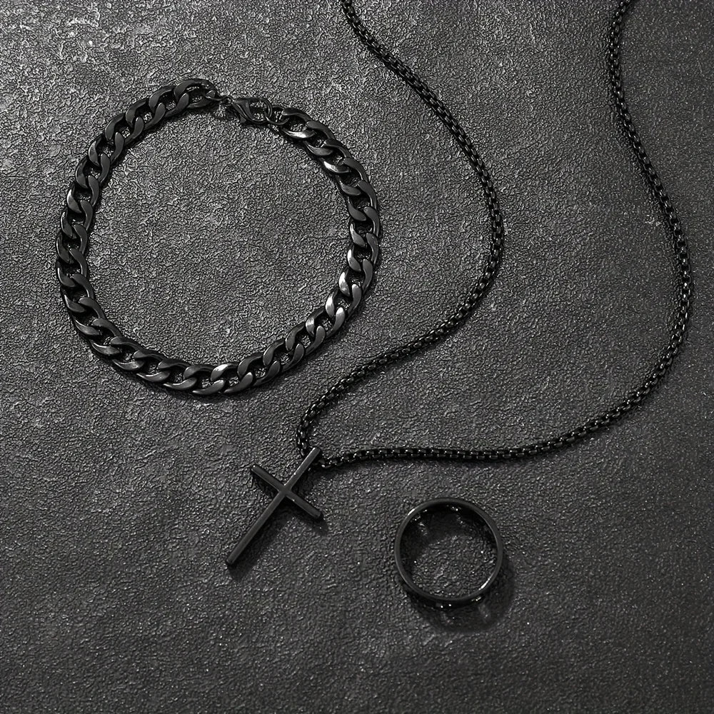 Cross-Style Accessories Set Bracelet Necklace Ring 3 Pieces Stainless Steel Elegant Suitable Both Men Women Fashionable Gift Set
