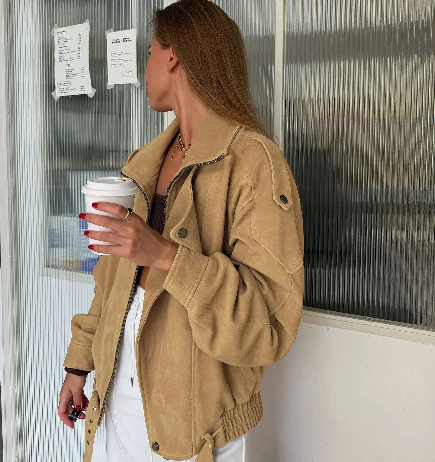 Khaki Lapel Short Suede Jacket Women Casual Stand Collar Full Sleeve Zipper Pocket Loose Jackets 2026 Lady Commute Street Coats