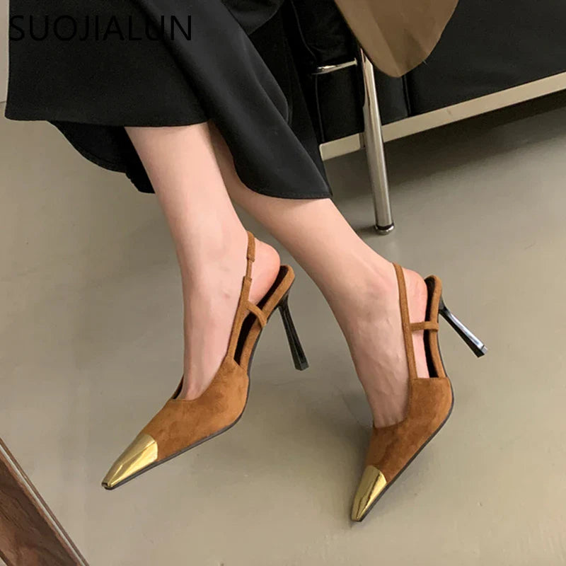 SUOJIALUN 2024 New Brand Women Sandal Fashion Mix Color Ladies Eelgant Outdoor Dress Slingback Shoes Thin High Heel Sexy Pumps S