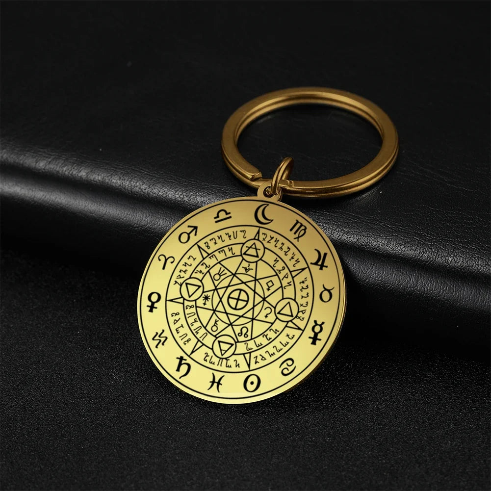 Dawapara Protection Secret Seal of Solomon Pendant Keychain Witchcraft Hexagram Wealth Fortune Amulet Stainless Steel Jewelry