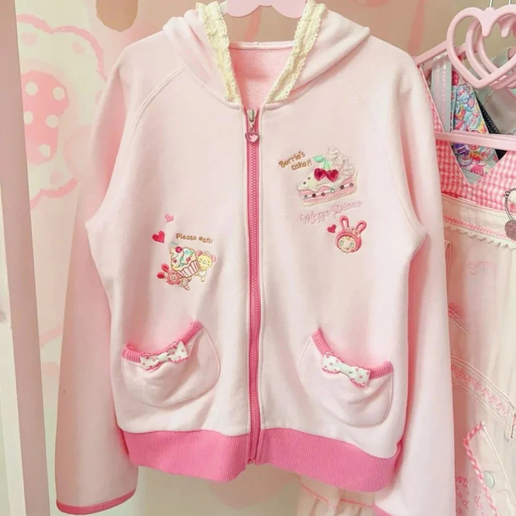 Japanese Cute Coat Embroidery Rabbit Ear Hooded Subculture Kawaii Y2k Tops Casual Fashion Sweet Coats Ropa Mujer Women Clothing