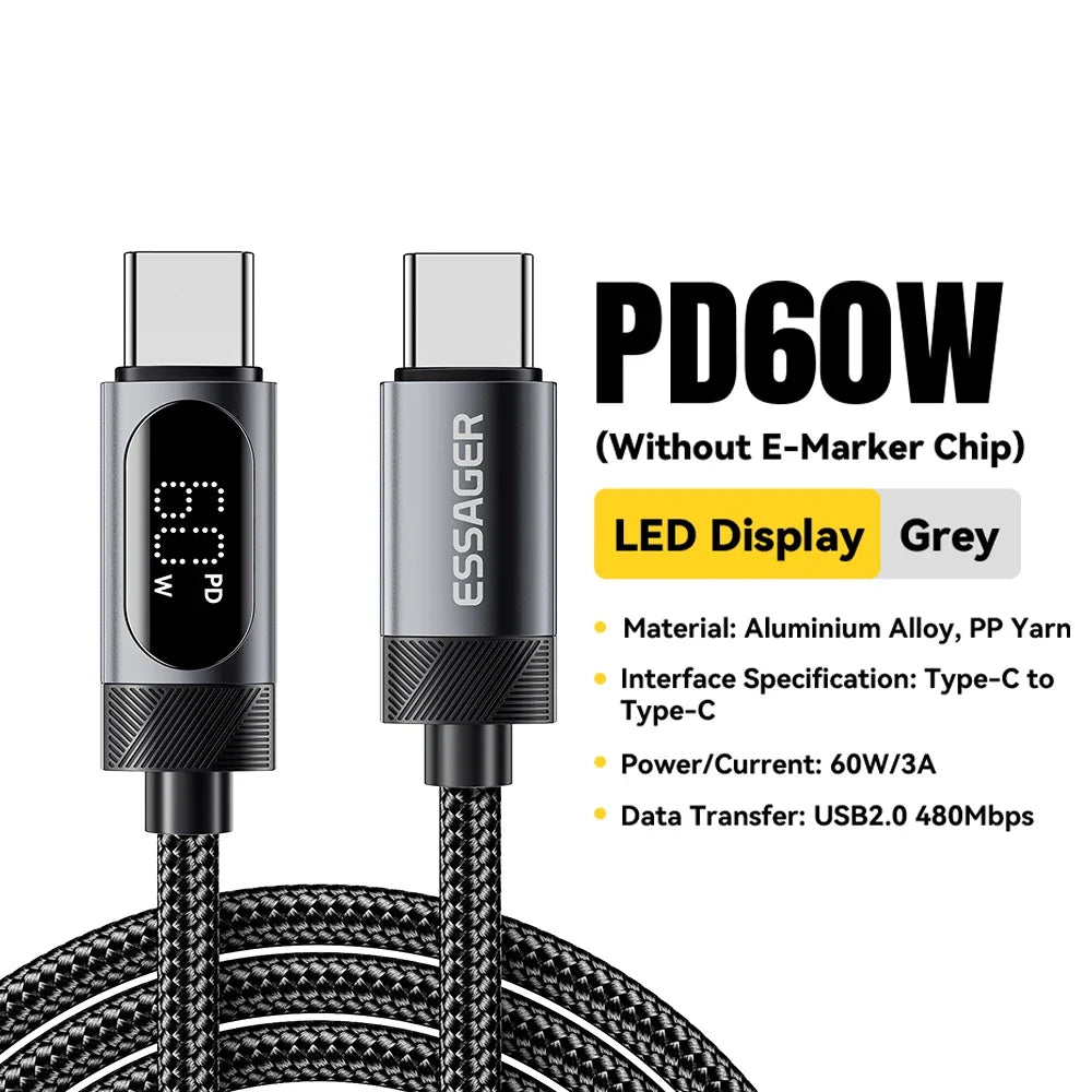 Essager Digital Dispaly USB C Cable For iPhone 17 16 15 Xiaomi Huawei 100W PD Fast Charging For Macbook iPad Type C to C Cable