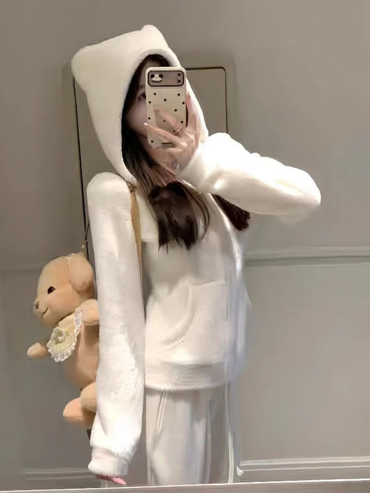 2025 Kawaii Plush Hoodie Women Bear Ear Zip Jacket Soft Warm Fleece Coat Korean Sweet Girl Winter Outerwear Cute Fashion Trend