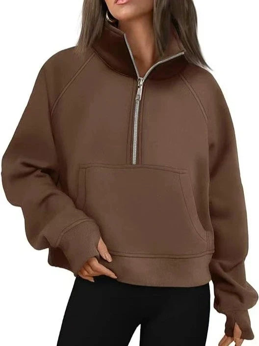 New Women's Spring Autumn Winter Stand Collar Plus Fleece Solid Color Hoodie Long Sleeve Pocket Loose Half Zip Pullover Hoodie