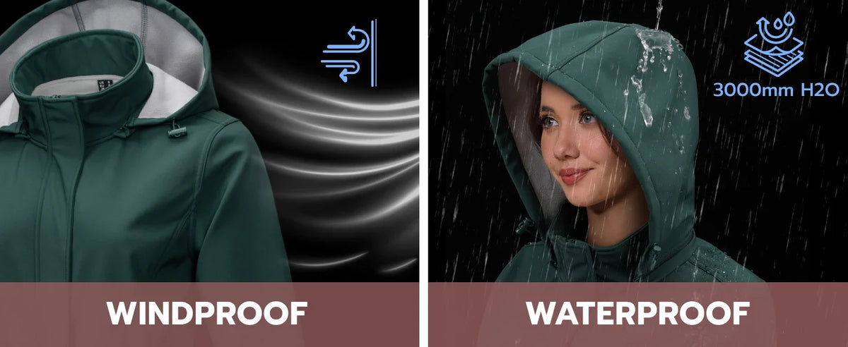 TACVASEN Women's Long Hooded Jacket Fleece Lined Softshell Jacket Waterproof Windproof Hiking Jacket Rain Coat Windbreaker Parka