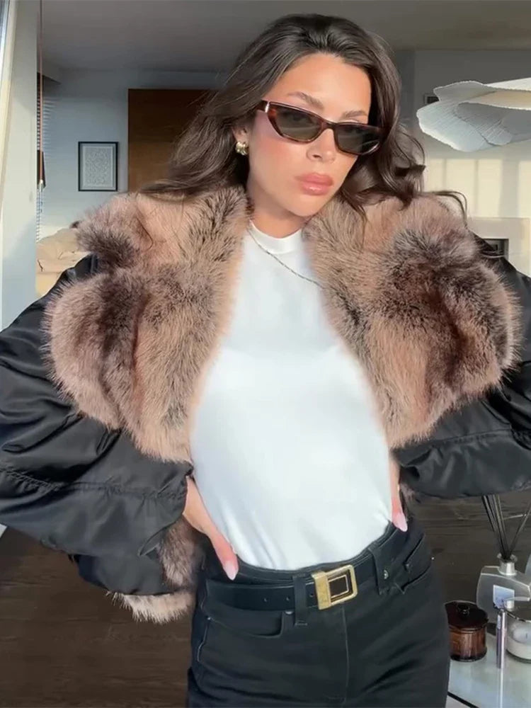 Fashion Faux Fur Patchwork Cotton Coat Women Lapel Zipper Pocket Cropped Street Warm Jacket 2026 Winter Lady Puffer Jackets New