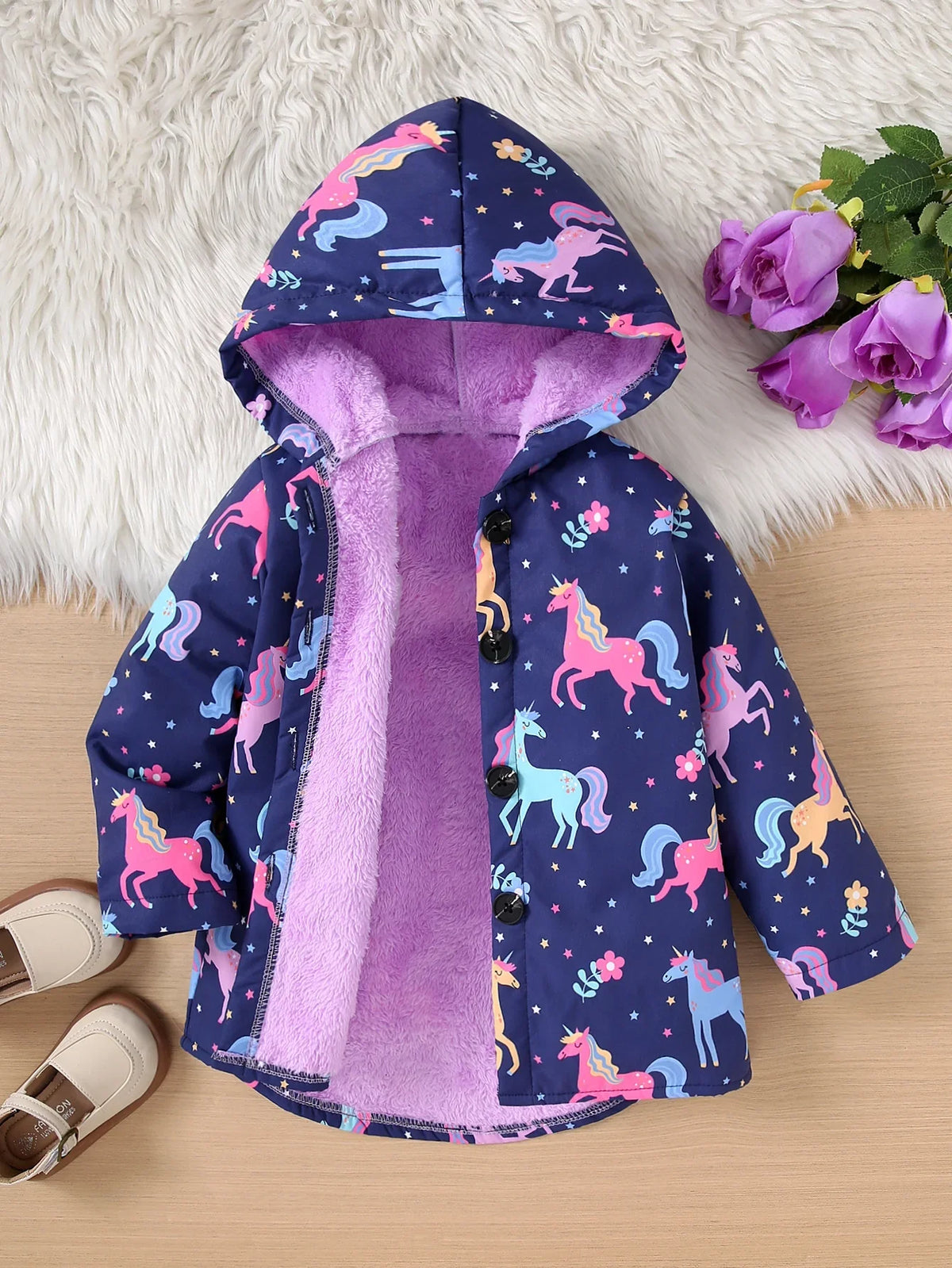 Autumn/Winter Fleece Warm And Cold Proof Girls' Colorful Printed Hooded Jacket For Casual Outings Medium To Long Length Jacket