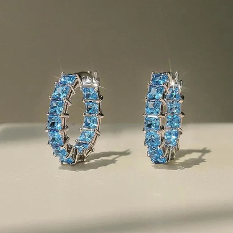 Huitan Princess Square Cubic Zirconia Hoop Earrings Luxury Trendy Ear Circle Earrings for Women Fashion Versatile Female Jewelry