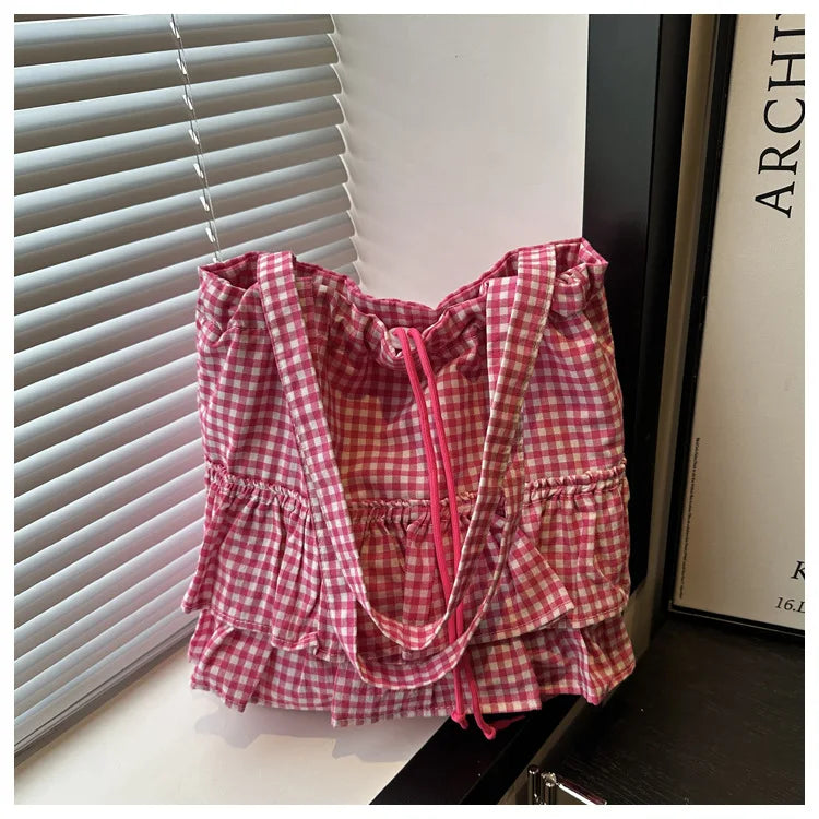 Large Capaci Cute Plaid Cotton Tote Bag  Lace Trim Women's Summer 2025 Simple Lady Handbag Soft Shoulder Bags Bolsa Feminina
