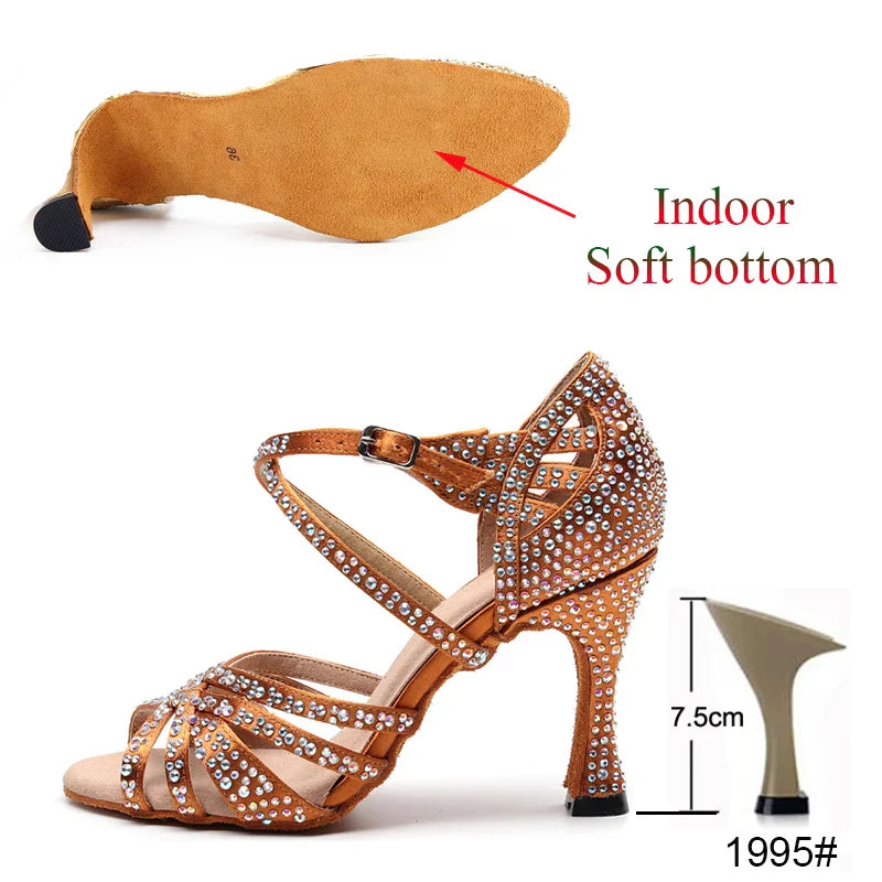 Latin Dance Shoes Ladies Salsa Tango Sneakers Training Dance Shoes High Heel Sandals Summer Square Dance Shoes Bronze Black