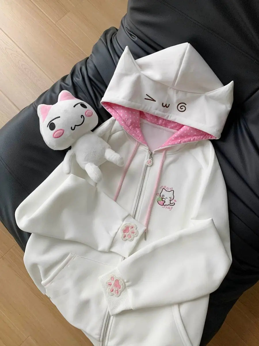 Subculture Japanese Retro Long Sleeve Hoodie Cat Ears Lace Decoration Women Casual Sweatshirt Gothic Y2K Harajuku Autumn Coat